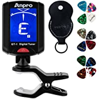 Los mejores  - Anpro JT-10 - Afinador digital con clip y 12 púas de púa con 3 grosores diferentes + 1 soporte para púas para guitarra…